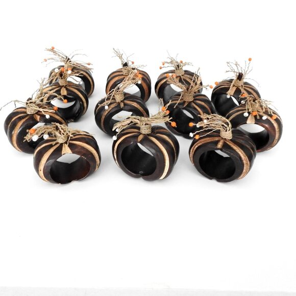 Carved Wood Pumpkin Napkin Rings Set of 8 Pier 1 Imports Beads - Picture 1 of 8